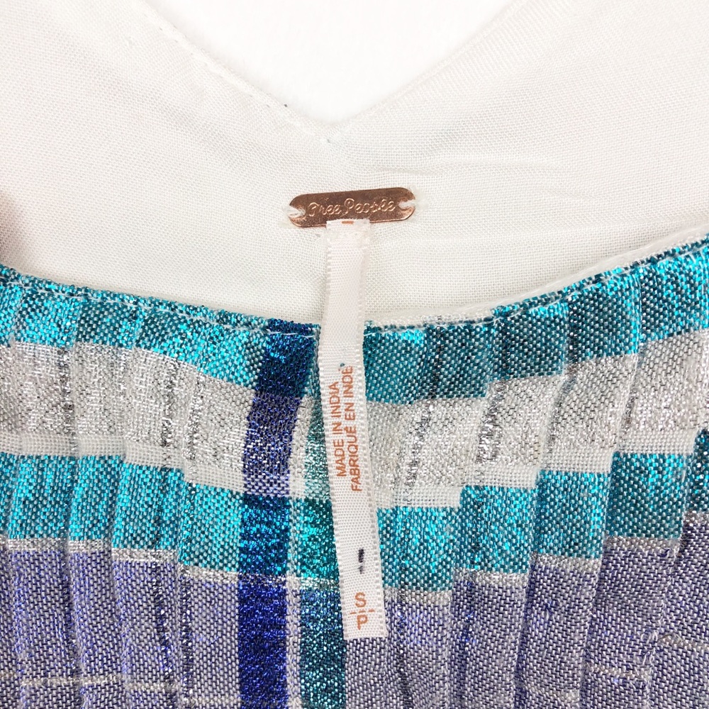 Free People Mini Dress White Blue Metallic Plaid S - Picture 6 of 13